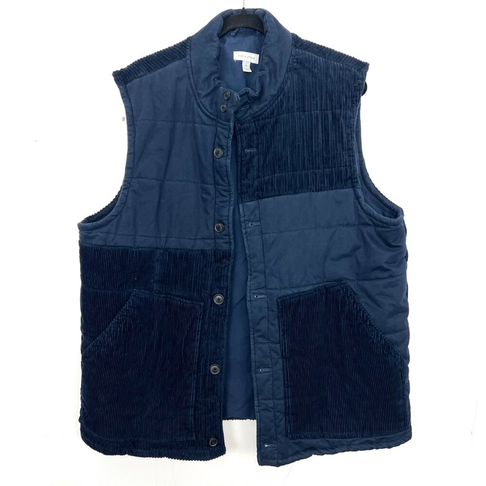 Sun + Stone Navy Corduroy Puffer Insulated Vest Button Up Men's Size XL‎